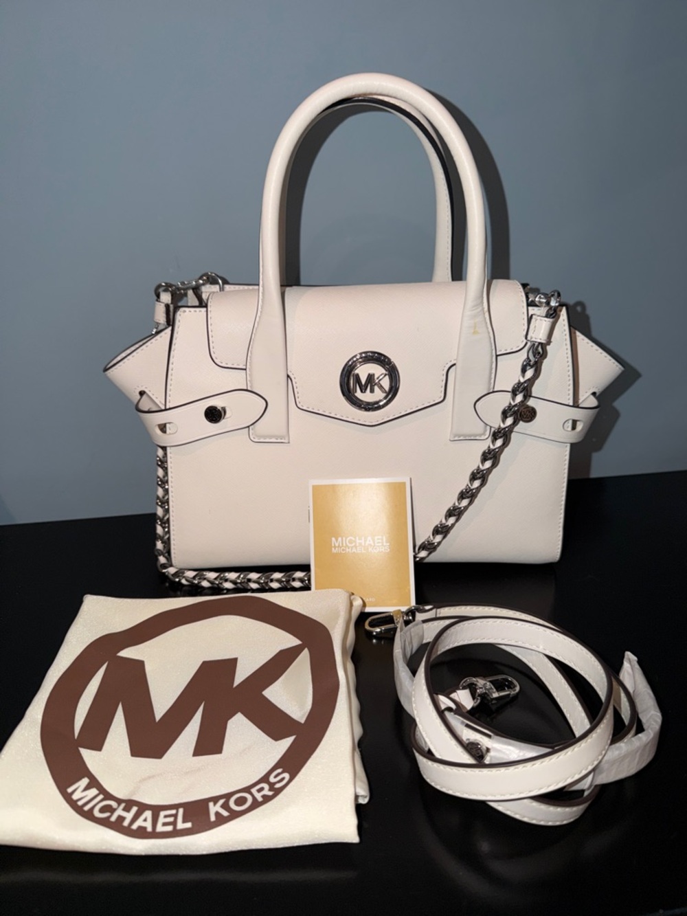Michael Kors Carmen Medium White Saffiano Leather Satchel with Chain Strap